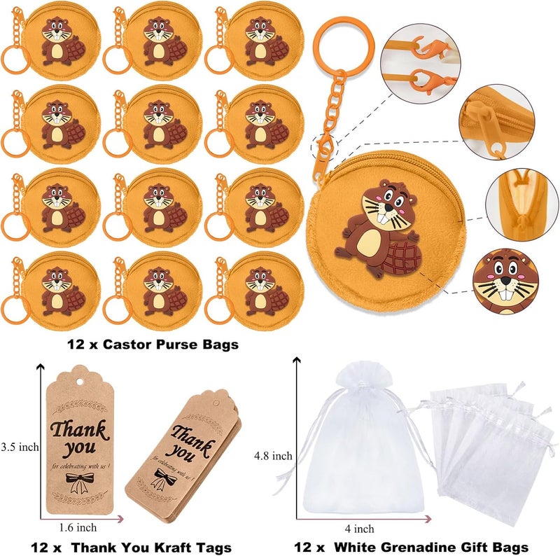 Elecrainbow 36 Pack Beaver Change Purses Set Include 12 Wallets with Keyring, 12 Thank You Tags and 12 Organza Bags for Safari, Jungle,Wild Birthday, Castor Decoration,Khaki - Image 2